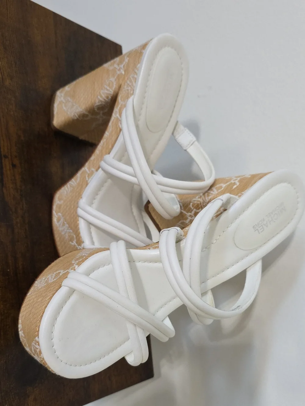 Michael Kors White Strappy Platform Sandals with Tan Patterned Heel